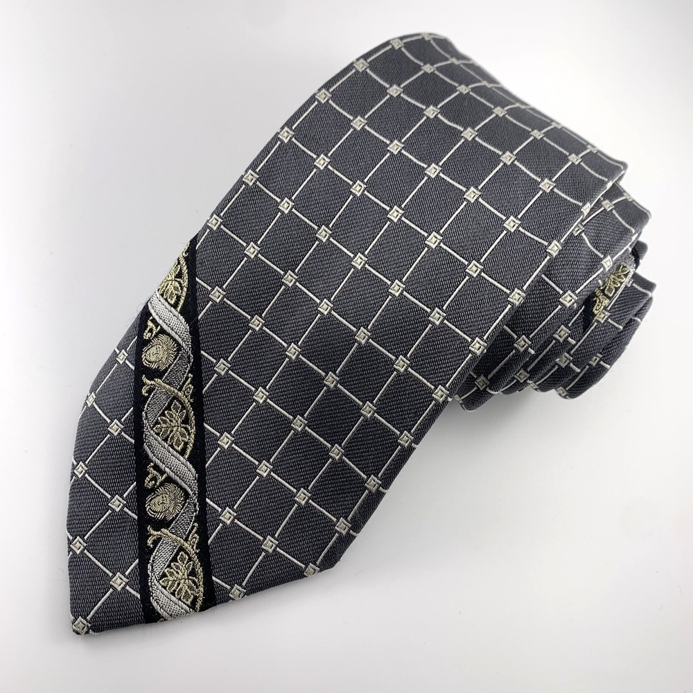 VTG G. Versace Mens Tie Medusa Logo Gray w Geometric Pattern Silk Made in USA